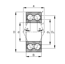 角接觸球軸承 3816-B-TVH, 雙列，接觸角 α = 25°