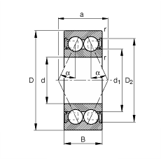 角接觸球軸承 3816-B-2RSR-TVH, 雙列，雙側(cè)唇密封，接觸角 α = 25°