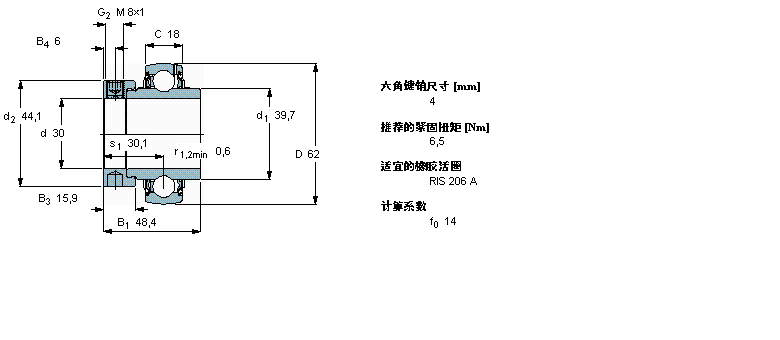 SKF Y-型立式軸承座單元, 沖壓鋼軸承座，偏心鎖緊定軸環(huán), 公制軸承YEL206-2F樣本圖片