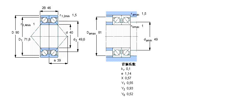 SKF 角接觸球軸承, 單列，用于配對安裝, 背對背配對2×7308BECBJ樣本圖片