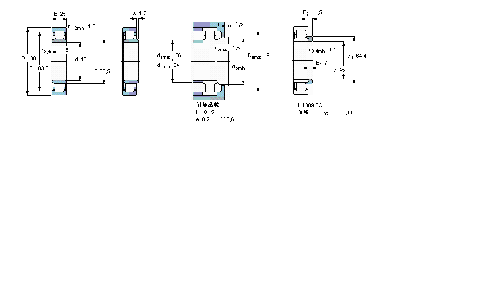SKF 圓柱滾子軸承, 單列, NU 設(shè)計(jì)NU309ECP樣本圖片