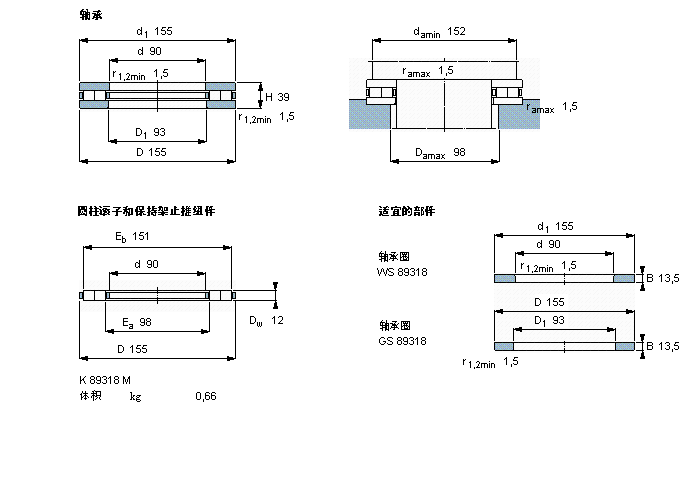 SKF 圓柱滾子推力軸承, 軸承 / 圓柱滾子和保持架止推組件89318M樣本圖片