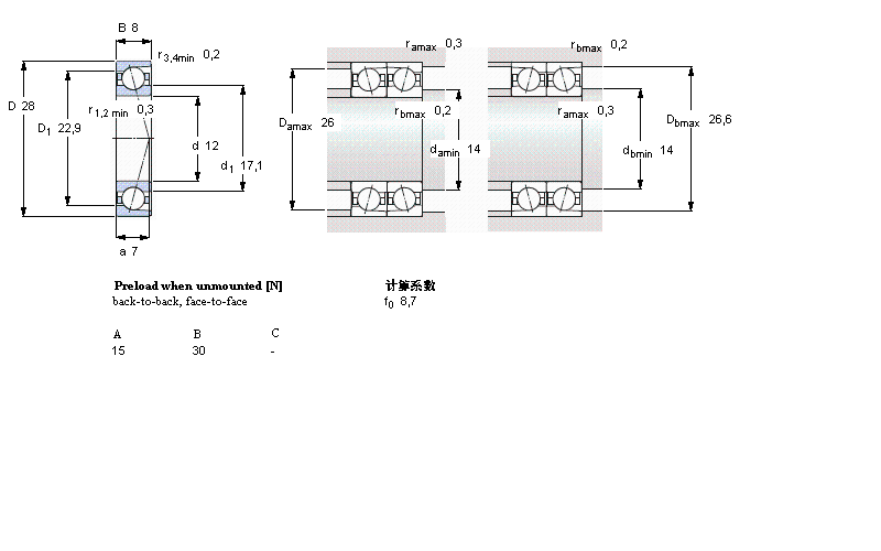 SKF 角接觸球軸承, 精密, CD/HC, contact angle 15&deg;, hybrid7001CD/HCP4A樣本圖片