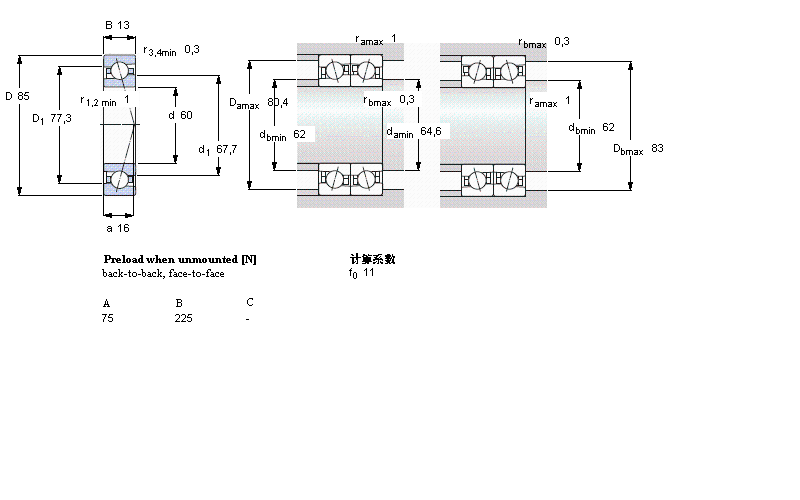 SKF 角接觸球軸承, 精密, CE/HC, contact angle 15&deg;, hybrid71912CE/HCP4A樣本圖片