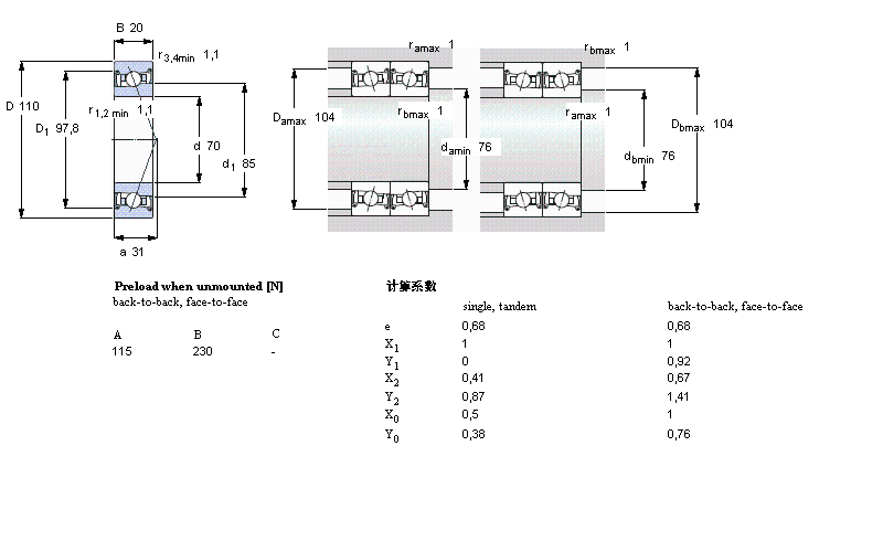 SKF 角接觸球軸承, 精密, SC .. DB, sealed, contact angle 25&deg;, hybridSC7014DB/P7樣本圖片