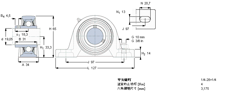 SKF Y-型立式軸承座單元, 鑄造軸承座，平頭螺釘鎖緊定, 英制軸承SYJ3/4TF樣本圖片