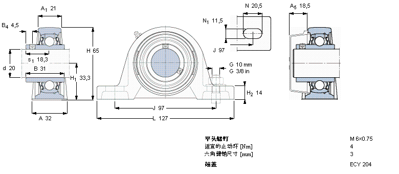 SKF Y-型立式軸承座單元, 鑄造軸承座，平頭螺釘鎖緊定, 公制軸承SY20TR樣本圖片