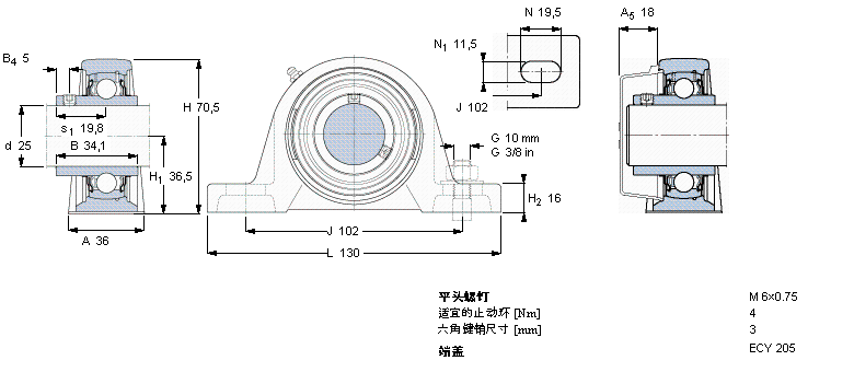 SKF Y-型立式軸承座單元, 鑄造軸承座，平頭螺釘鎖緊定, 公制軸承SY25TF樣本圖片