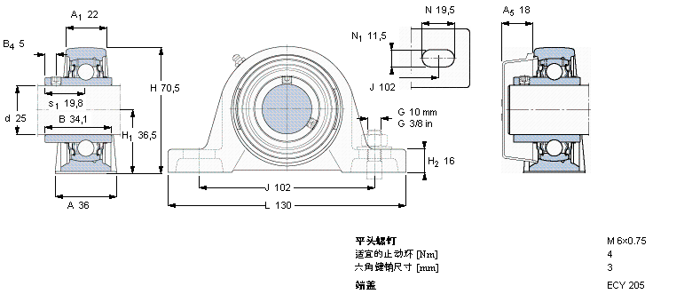SKF Y-型立式軸承座單元, 鑄造軸承座，平頭螺釘鎖緊定, 公制軸承SY25TR樣本圖片