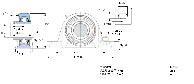 SKF Y-型立式軸承座單元, 鑄造軸承座，平頭螺釘鎖緊定, 公制軸承SYJ70TF樣本圖片