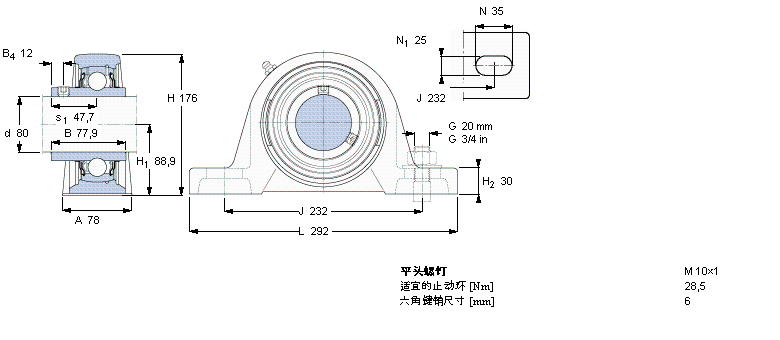 SKF Y-型立式軸承座單元, 鑄造軸承座，平頭螺釘鎖緊定, 公制軸承SYJ80TF樣本圖片