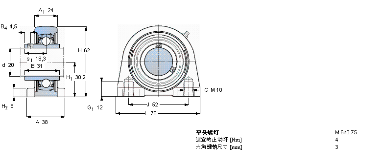 SKF Y-型立式軸承座單元, 短基座鑄造軸承座，平頭螺釘鎖定SYFJ20TF樣本圖片