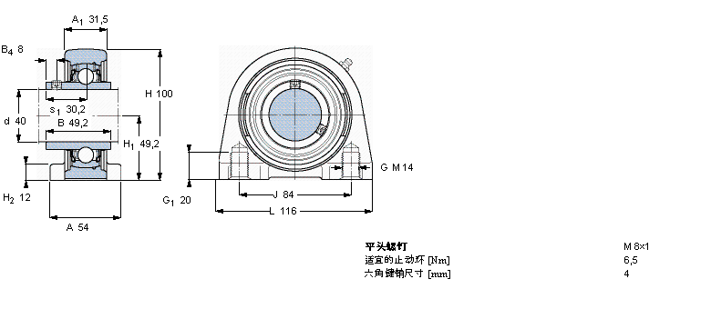 SKF Y-型立式軸承座單元, 短基座鑄造軸承座，平頭螺釘鎖定SYFJ40TF樣本圖片