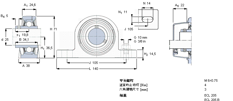 SKF Y-型立式軸承座單元, 聚酯軸承座，平頭螺釘鎖定，可用于食品行業(yè)的滑脂, 公制軸承SYL25TH樣本圖片