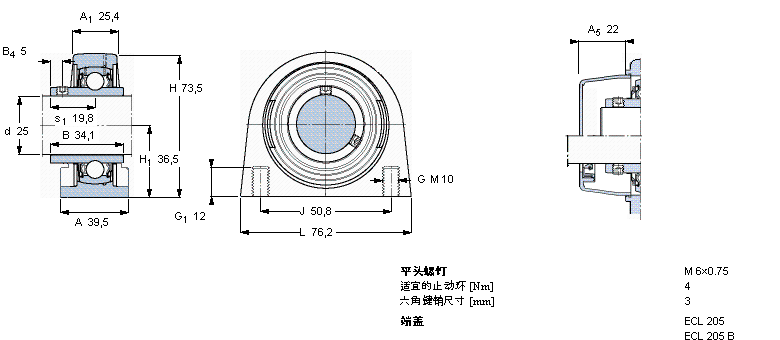SKF Y-型立式軸承座單元, 短基座聚酯軸承座，平頭螺釘鎖定，可用于食品行業(yè)的滑脂, 公制軸承SYFL25TR/VE495樣本圖片