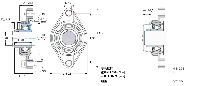 SKF Y-型軸承帶法蘭單元, Y-技術(shù)，橢圓軸承座，平頭螺釘鎖定FYTBK20TF樣本圖片