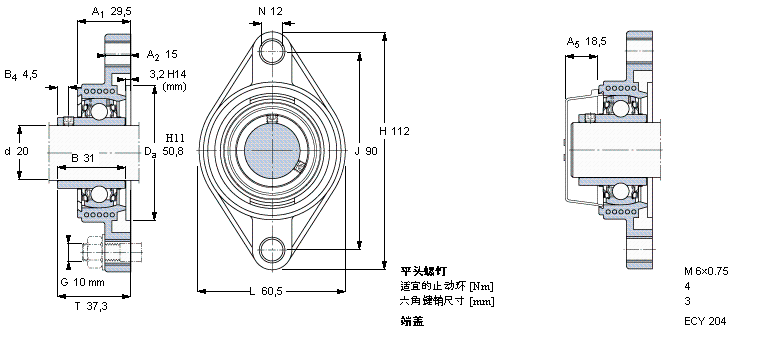 SKF Y-型軸承帶法蘭單元, Y-技術(shù)，橢圓軸承座，平頭螺釘鎖定FYTBK20TR樣本圖片