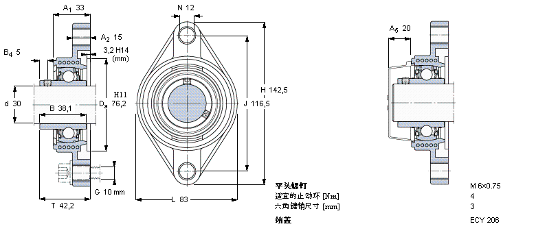 SKF Y-型軸承帶法蘭單元, Y-技術(shù)，橢圓軸承座，平頭螺釘鎖定FYTBK30TF樣本圖片