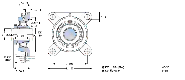 SKF Y-型軸承帶法蘭單元, 方形鑄造軸承座，緊定套, 英制軸承FYJ45KF樣本圖片