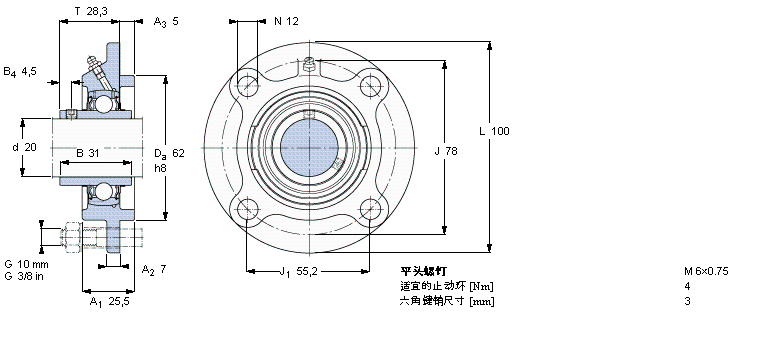 SKF Y-型軸承帶法蘭單元, 圓形鑄造軸承座，平頭螺釘鎖定FYC20TF樣本圖片