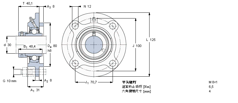 SKF Y-型軸承帶法蘭單元, 圓形鑄造軸承座，偏心鎖定軸環(huán)FYC30WF樣本圖片