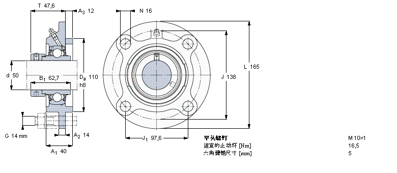 SKF Y-型軸承帶法蘭單元, 圓形鑄造軸承座，偏心鎖定軸環(huán)FYC50WF樣本圖片