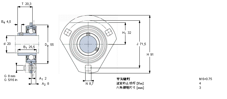 SKF Y-型軸承帶法蘭單元, 沖壓鋼軸承座，平頭螺釘鎖定, 帶一個(gè)三角形法蘭和三個(gè)螺栓孔, 公制軸承PFDYAT204樣本圖片
