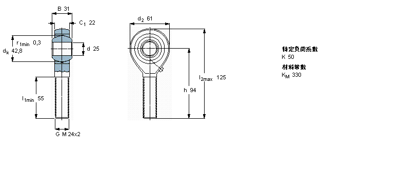 SKF 需要維護的桿端, 鋼對青銅，陽螺紋SAKAC25M樣本圖片